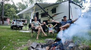 group camping in RV happy
